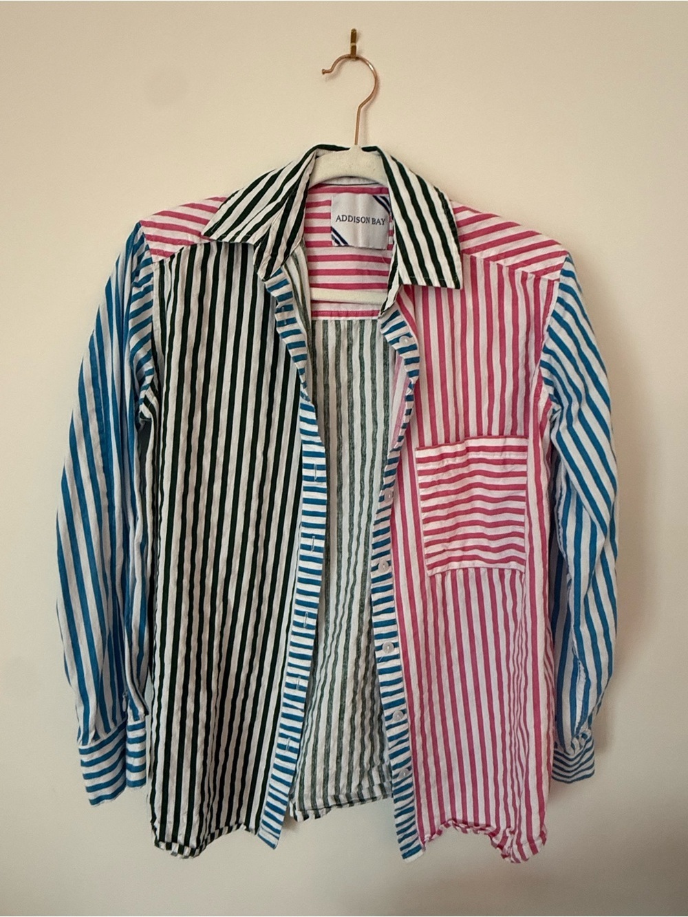 Addison Bay Striped Patchwork Button-Down Shirt — Pink, Blue, Black
